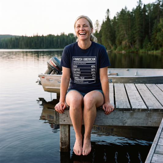 Finnish American Ingredients t-shirt in navy, worn by a woman on a Minnesota lake dock, Very Finnish Problems