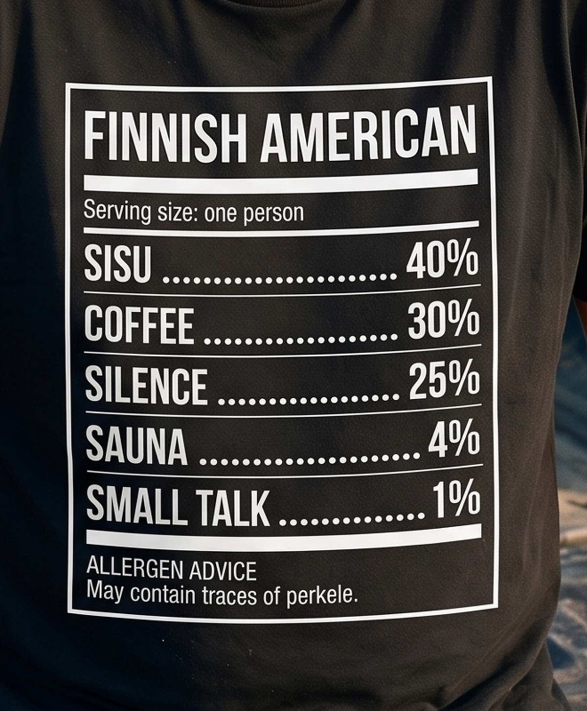 Close-up of the Finnish American Ingredients nutrition label print on black cotton, Very Finnish Problems