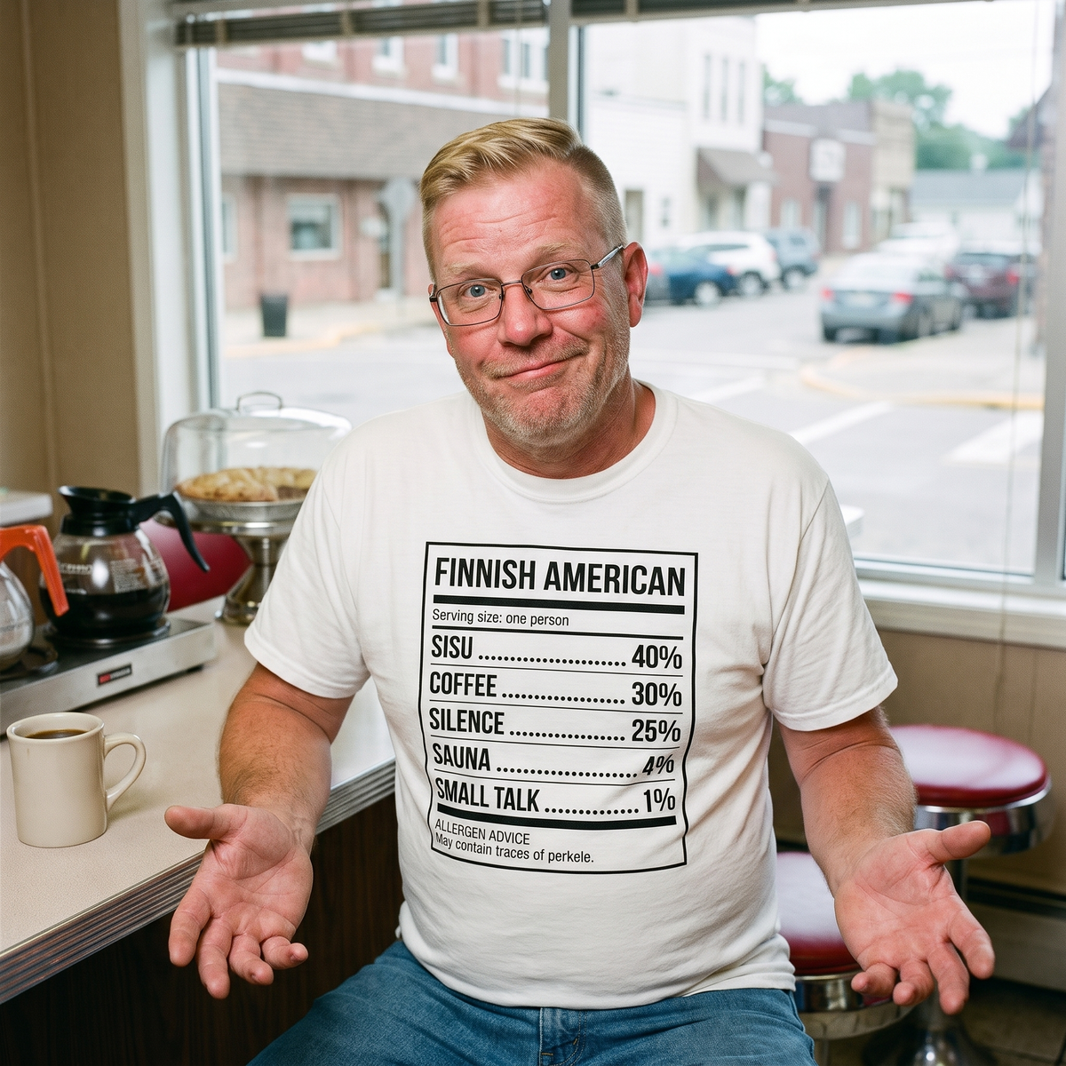 Finnish American Ingredients t-shirt in white, worn by a man at a small-town diner counter, Very Finnish Problems