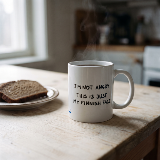 Finnish Face mug in white, on a kitchen table beside a slice of rye bread, Very Finnish Problems
