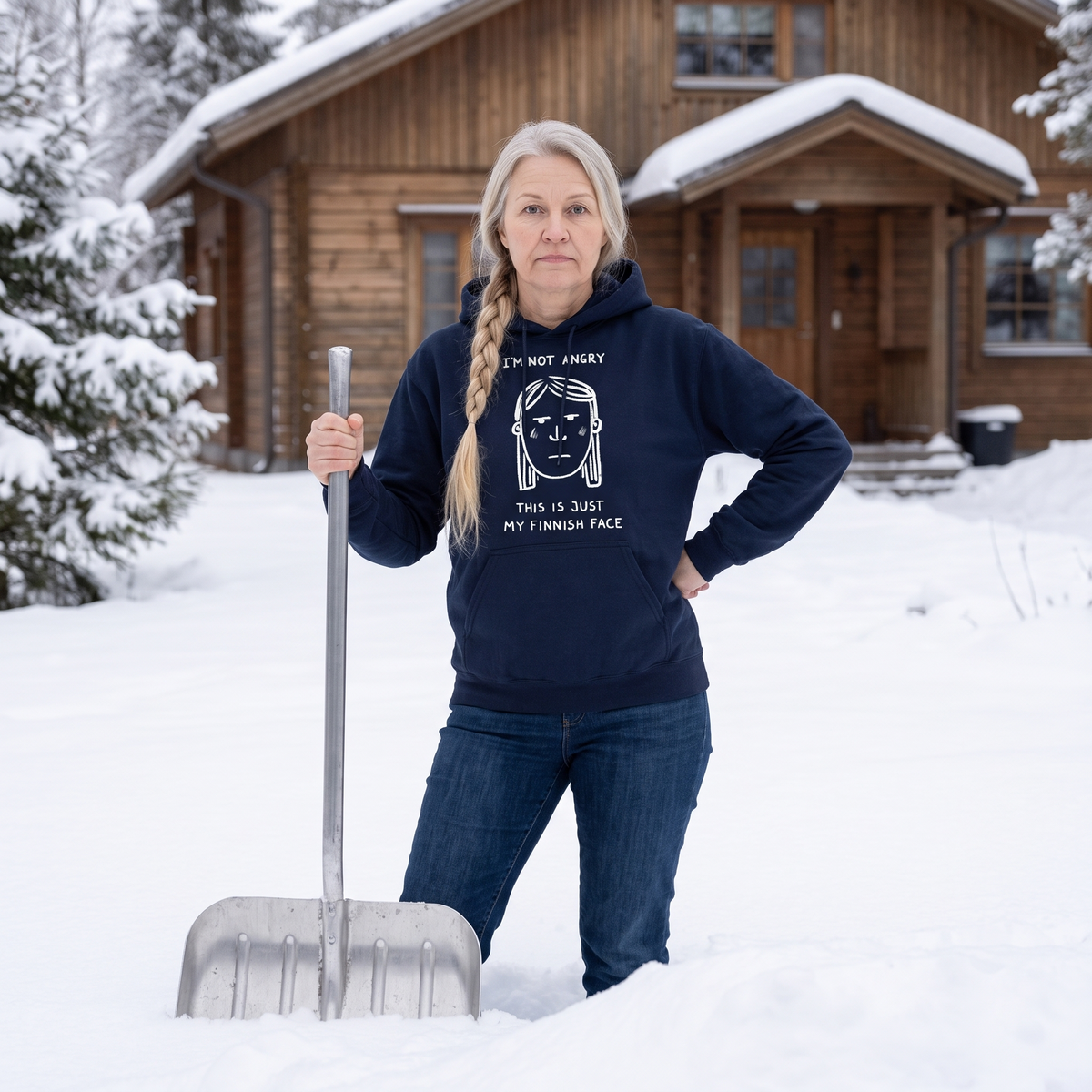 Finnish Face women's hoodie in navy, worn by Anneli with a snow shovel, Very Finnish Problems