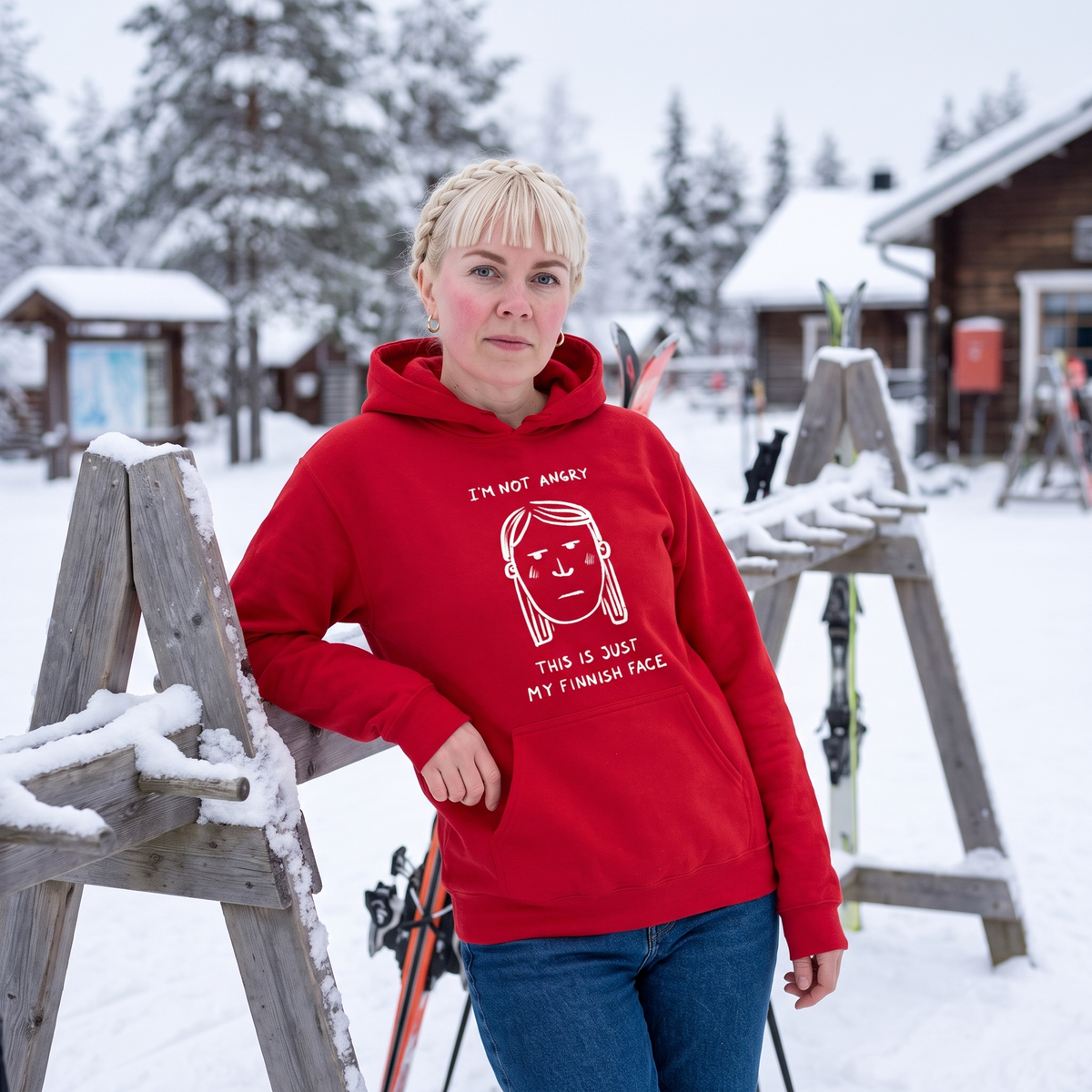 Finnish Face women's hoodie in red, worn by Venla at a Lapland ski rack, Very Finnish Problems