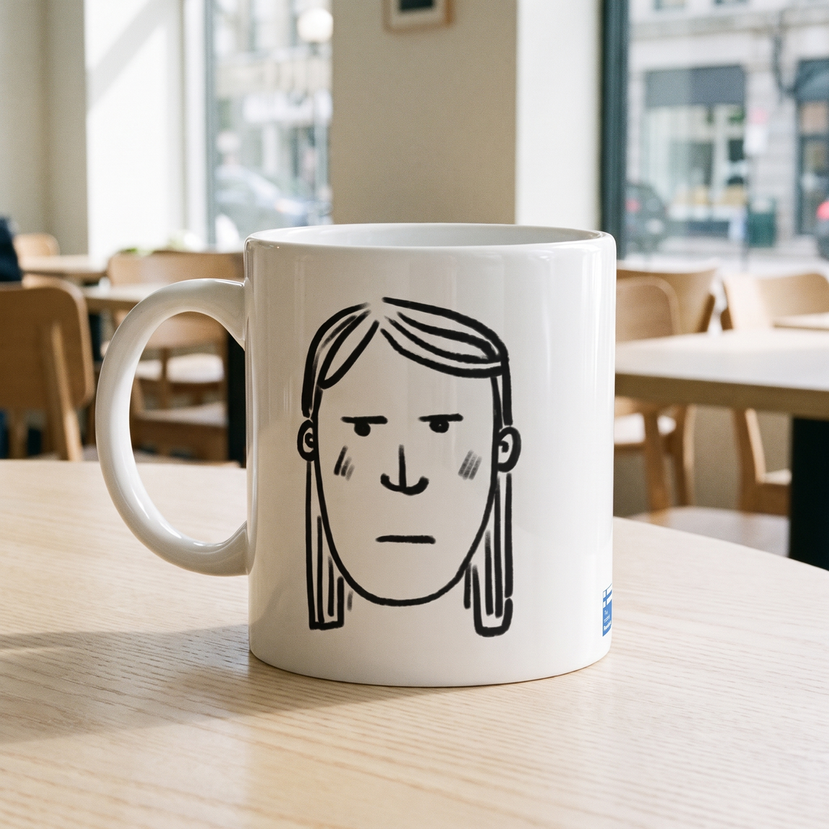 Finnish Face Humour women's mug in white, on a cafe table by a window, Very Finnish Problems