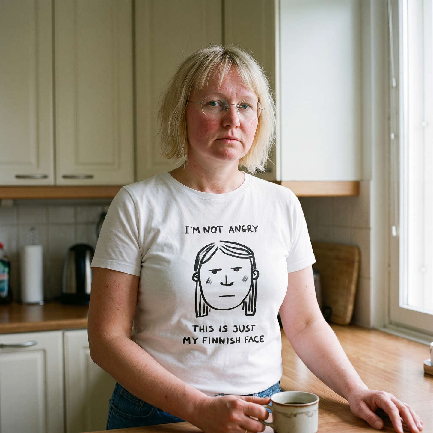 Finnish Face women's t-shirt in white, worn by Marika with a completely neutral expression in her kitchen, Very Finnish Problems