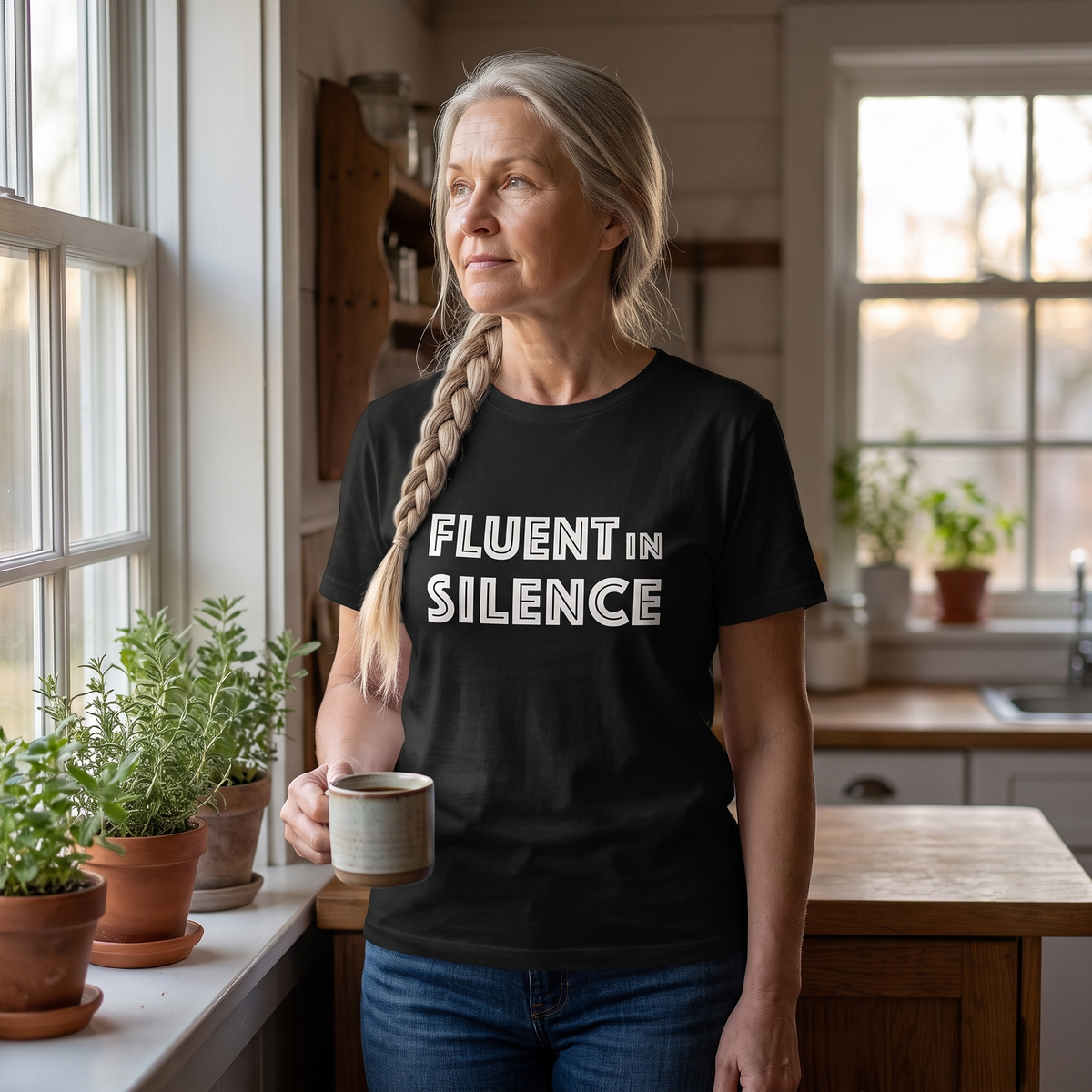 Fluent in Silence organic t-shirt in black, worn by Anneli at a kitchen window at dawn, Very Finnish Problems