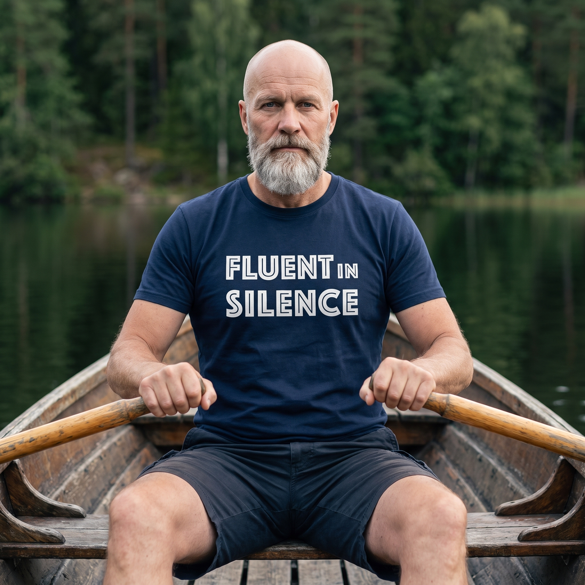Fluent in Silence organic t-shirt in french navy, worn by Mikko in a rowing boat, Very Finnish Problems