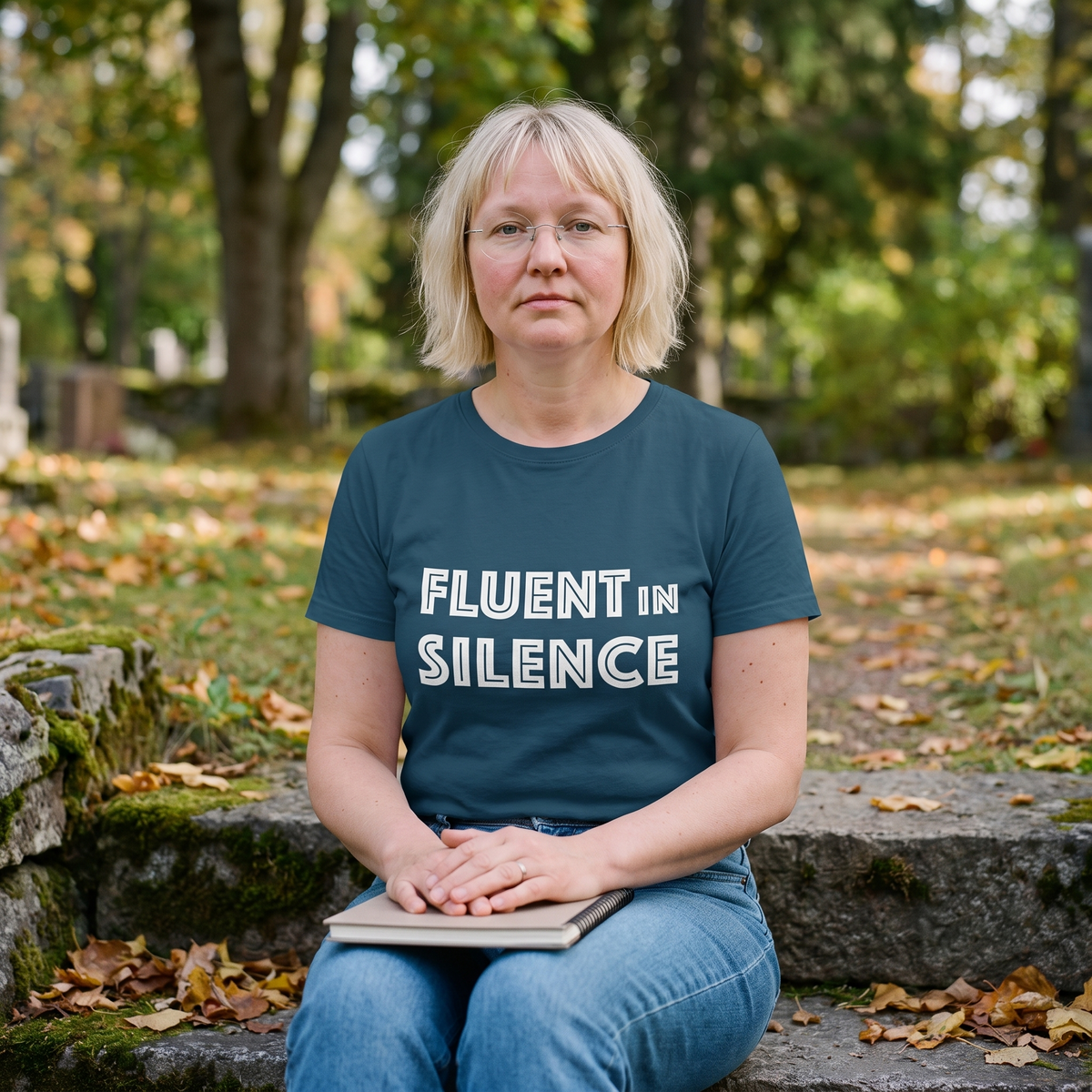 Fluent in Silence organic t-shirt in stargazer, worn by Marika silent in an autumn garden, Very Finnish Problems