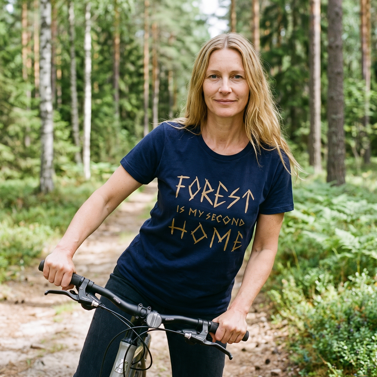 Forest Is Home t-shirt in navy, worn by Elina with a bicycle on a Finnish forest track, Very Finnish Problems