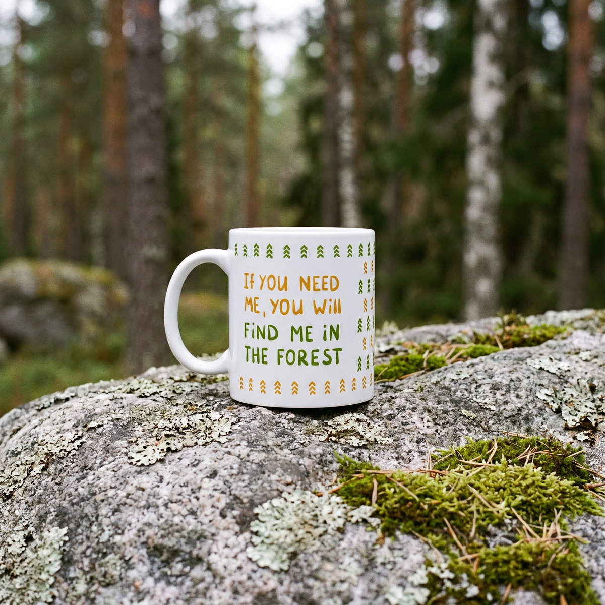 Forest Person mug in white, on a lichen-covered granite boulder in a Finnish forest, Very Finnish Problems