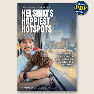 Helsinki's Happiest Hotspots, a city guide by Joel Willans sold as an instant PDF download, with a navy PDF sticker on the cover.