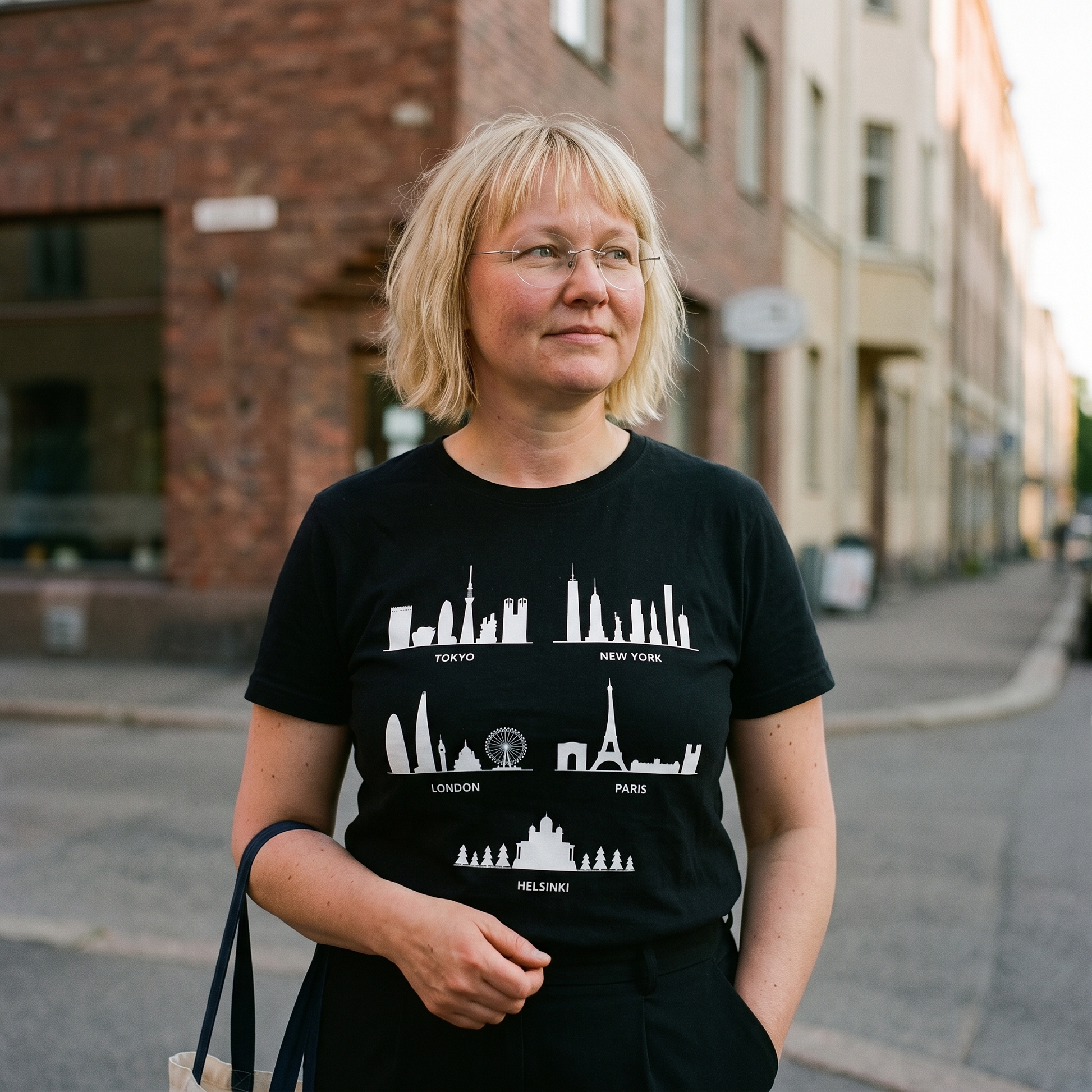 Helsinki Skyline t-shirt in black, worn by Marika on a Finnish city street, Very Finnish Problems