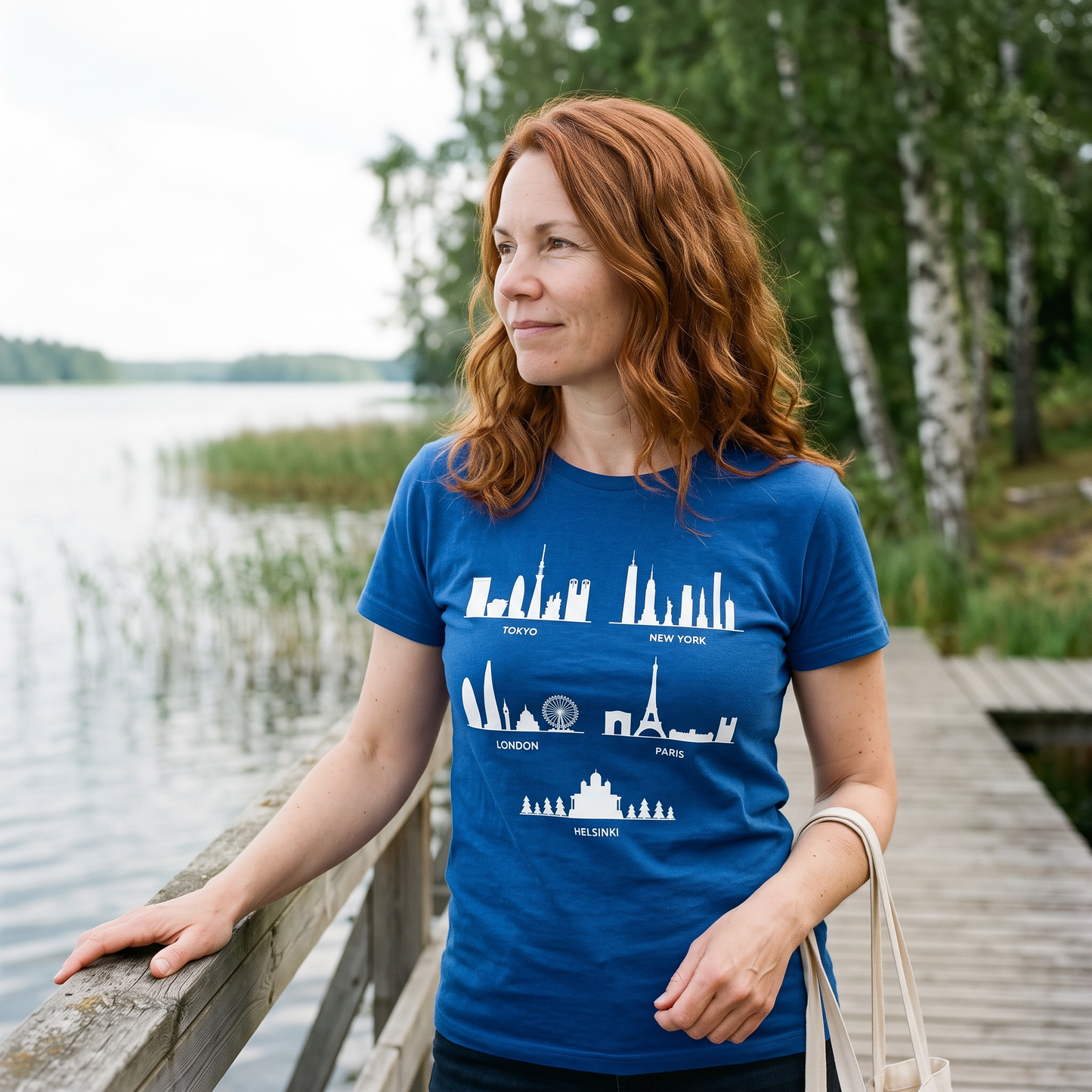 Helsinki Skyline t-shirt in blue, worn by Sanna on a lakeside jetty in Finland, Very Finnish Problems