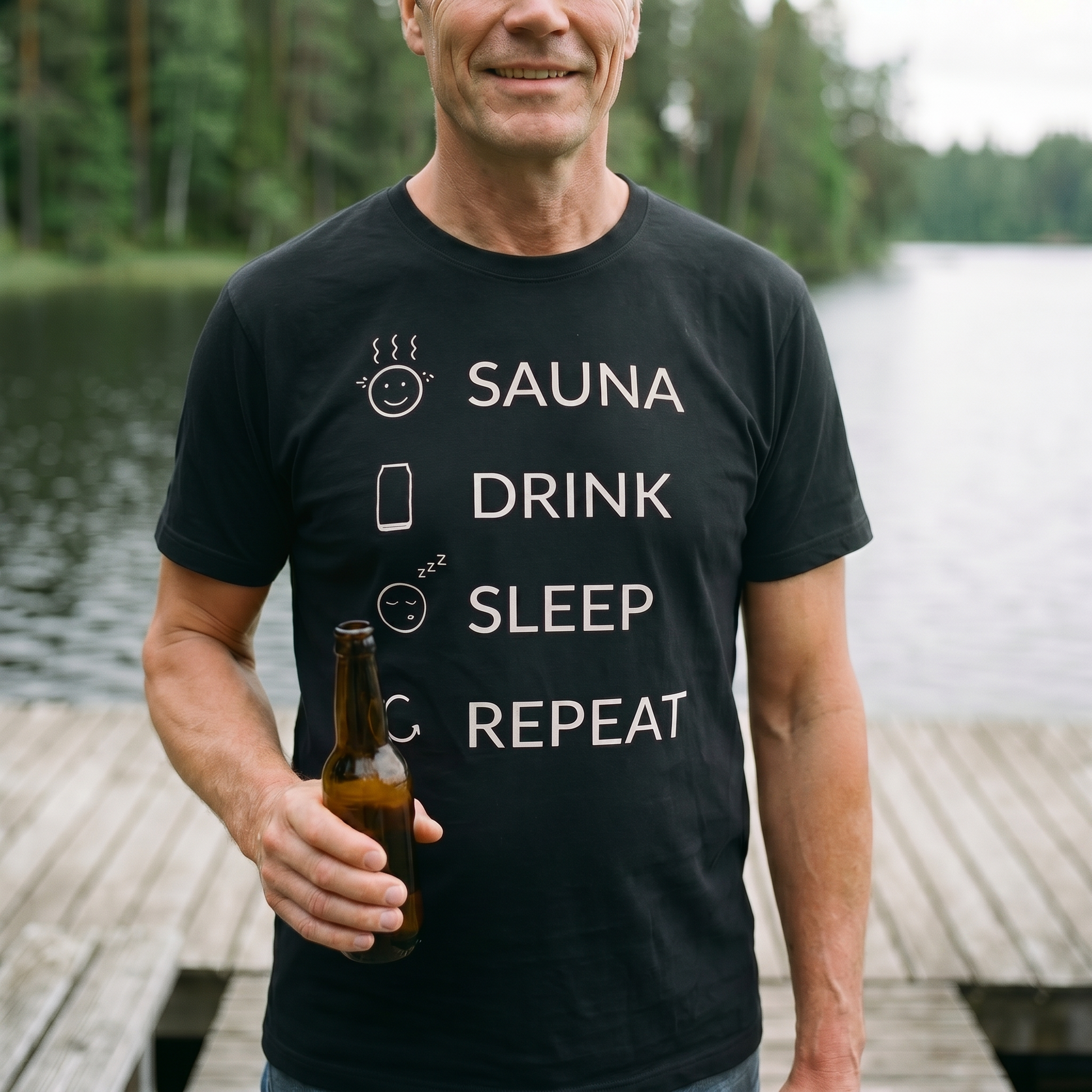 Man wearing the Sauna Drink Sleep Repeat black t-shirt and holding a beer beside a lakeside Finnish sauna, from Very Finnish Problems