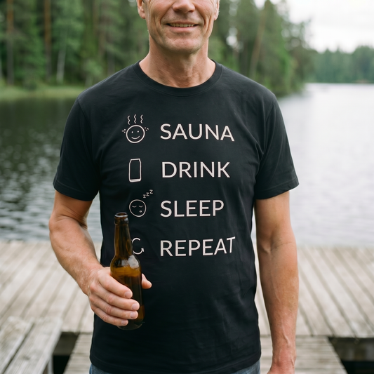 Man wearing the Sauna Drink Sleep Repeat black t-shirt and holding a beer beside a lakeside Finnish sauna, from Very Finnish Problems