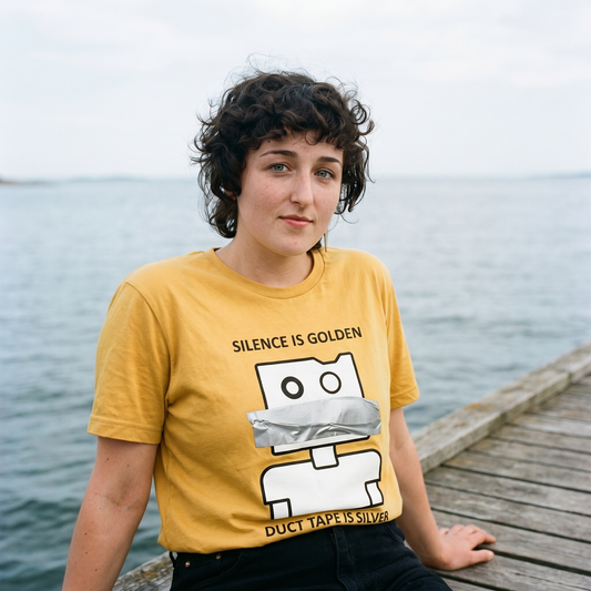 Woman on a Hanko pier in a gold Silence is Golden Duct Tape is Silver Finnish t-shirt