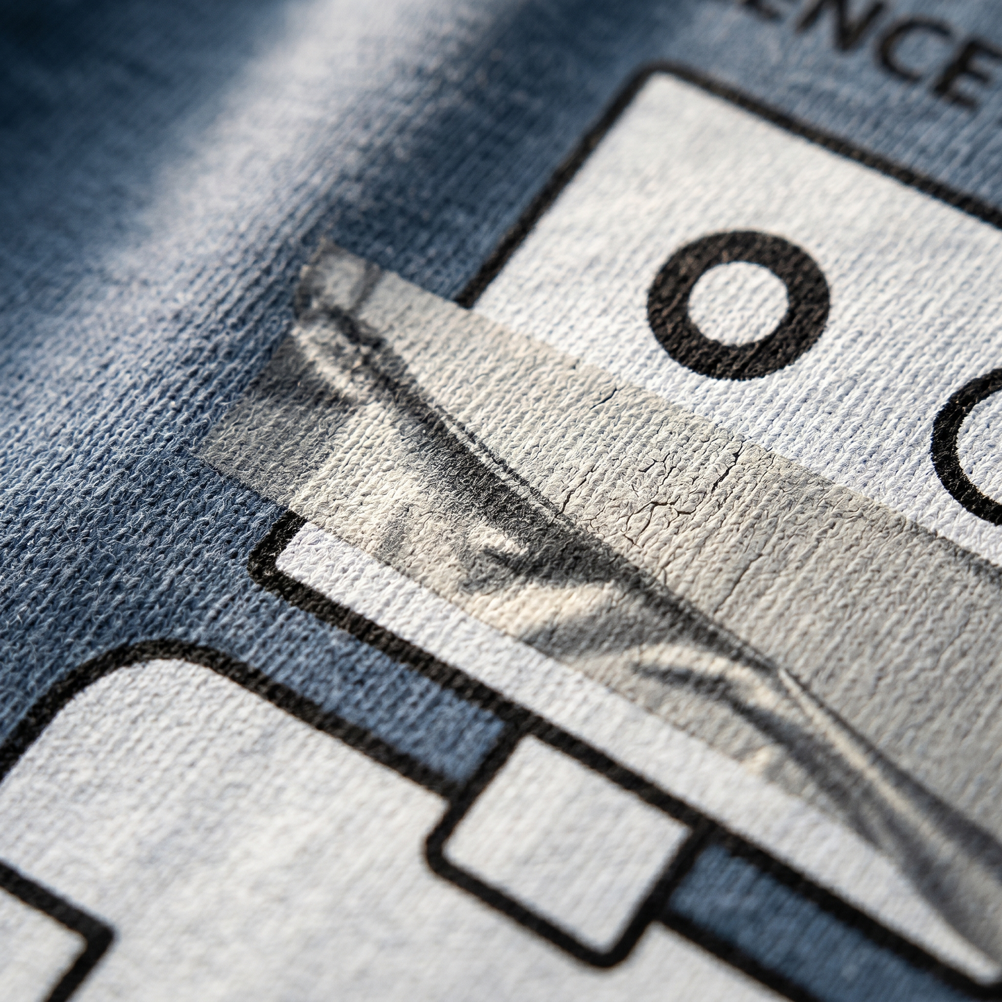 Close up of the silver duct tape screen print on the Silence is Golden Finnish t-shirt