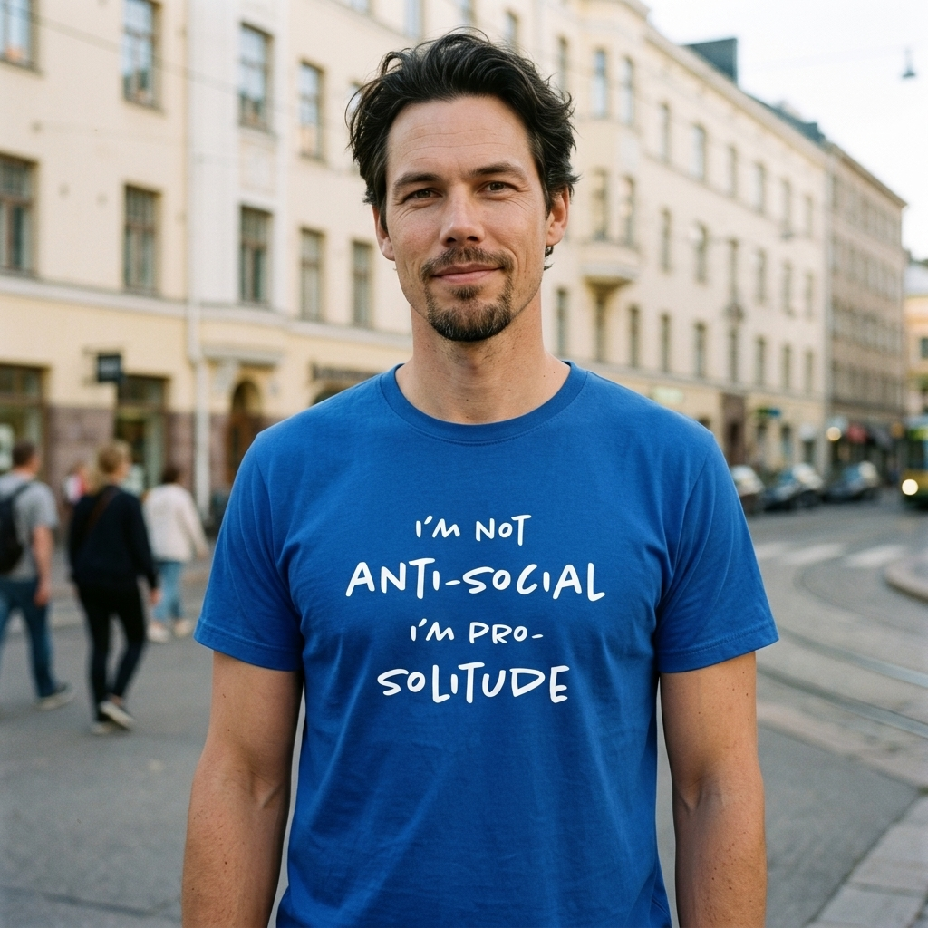 Man on a Helsinki street wearing the blue Solitude Finnish t-shirt by Very Finnish Problems
