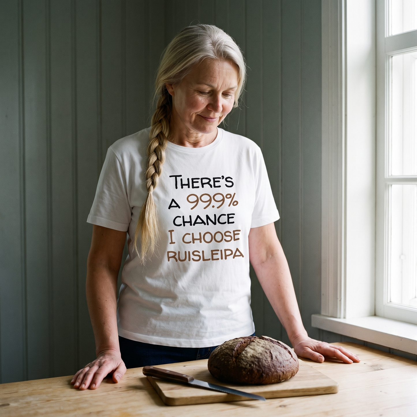 99.9% Chance I Choose Ruisleipa t-shirt in white, worn by a woman with a rye loaf in a cottage kitchen, Very Finnish Problems