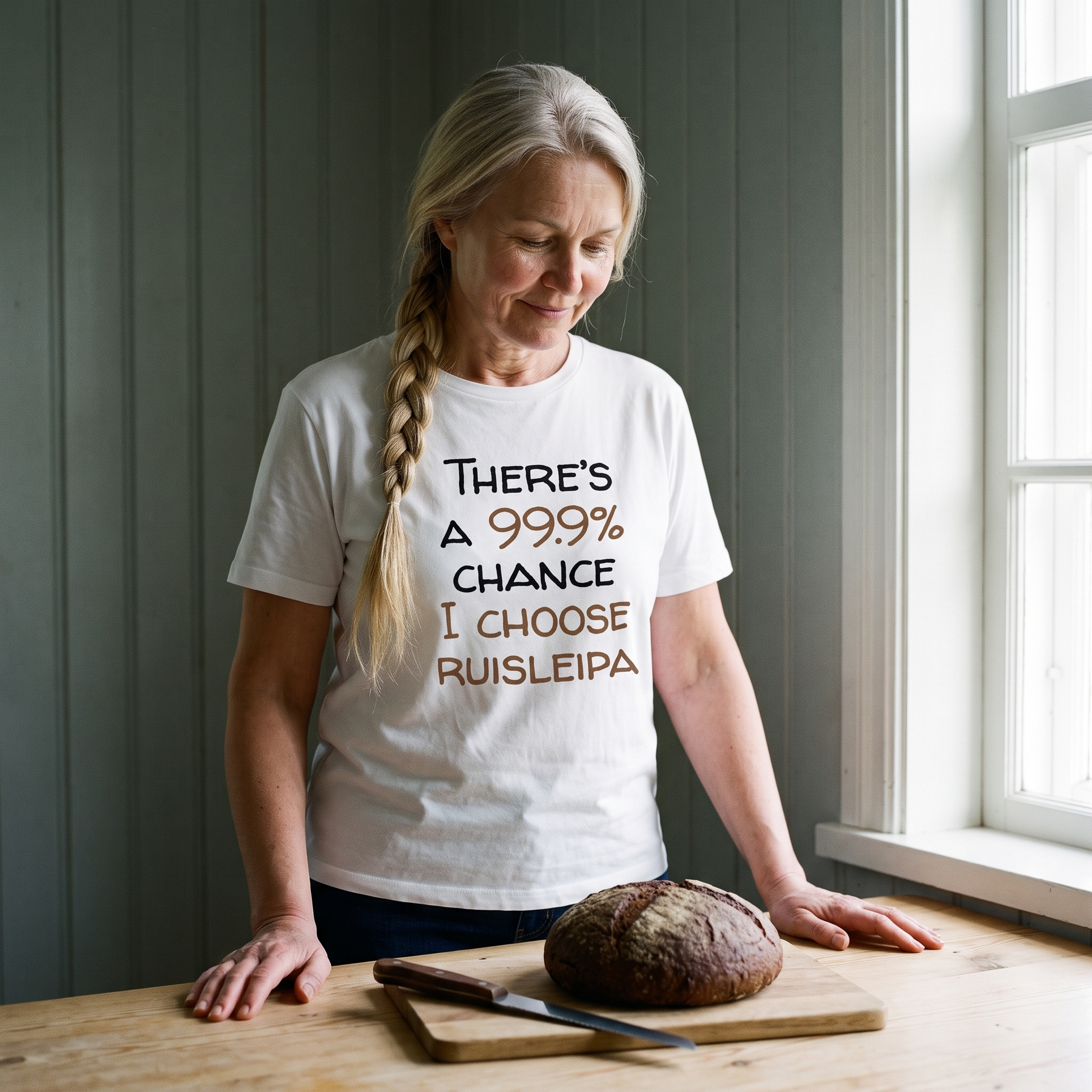 99.9% Chance I Choose Ruisleipa t-shirt in white, worn by a woman with a rye loaf in a cottage kitchen, Very Finnish Problems