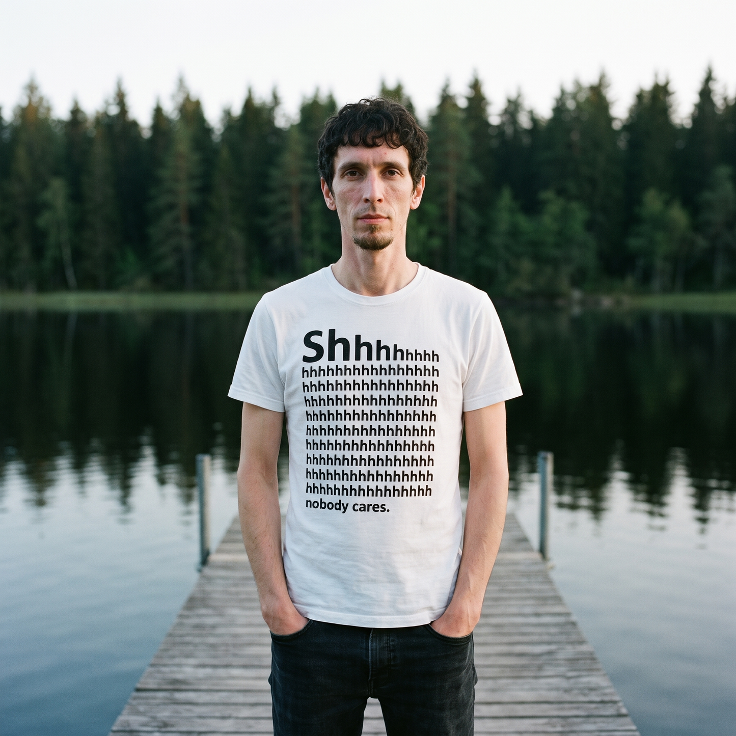 Shhh... Nobody Cares t-shirt in white, worn by a man standing on a lake jetty, Very Finnish Problems