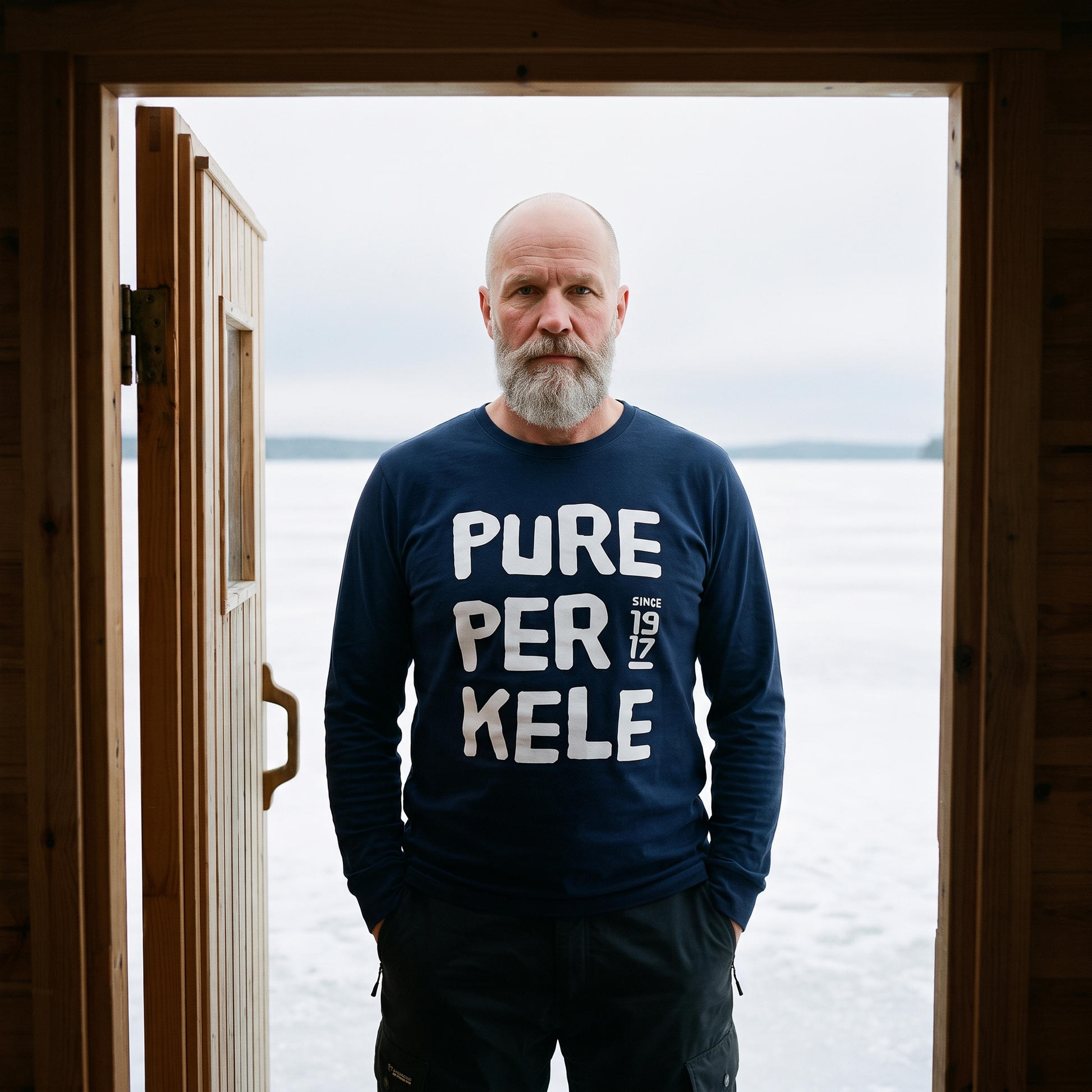 Pure Perkele Since 1917 long sleeve tee in navy, worn by a man at an ice fishing hut, Very Finnish Problems