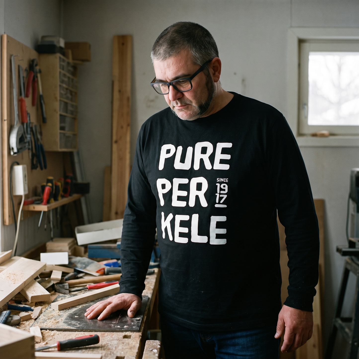 Pure Perkele Since 1917 long sleeve tee in black, worn by a man in a workshop, Very Finnish Problems