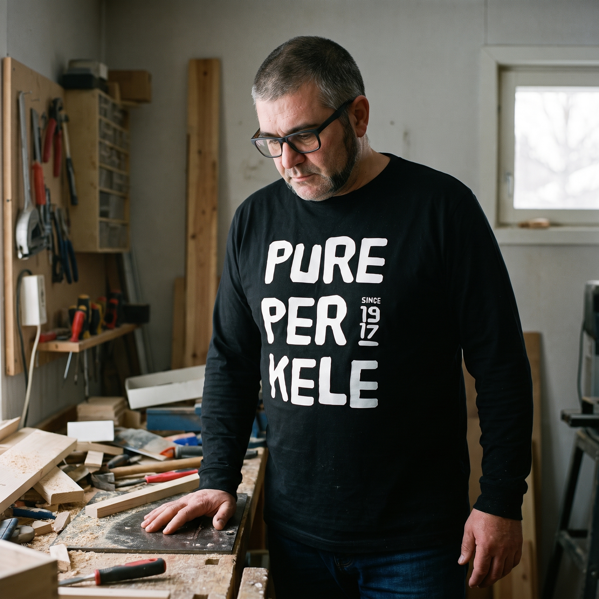 Pure Perkele Since 1917 long sleeve tee in black, worn by a man in a workshop, Very Finnish Problems