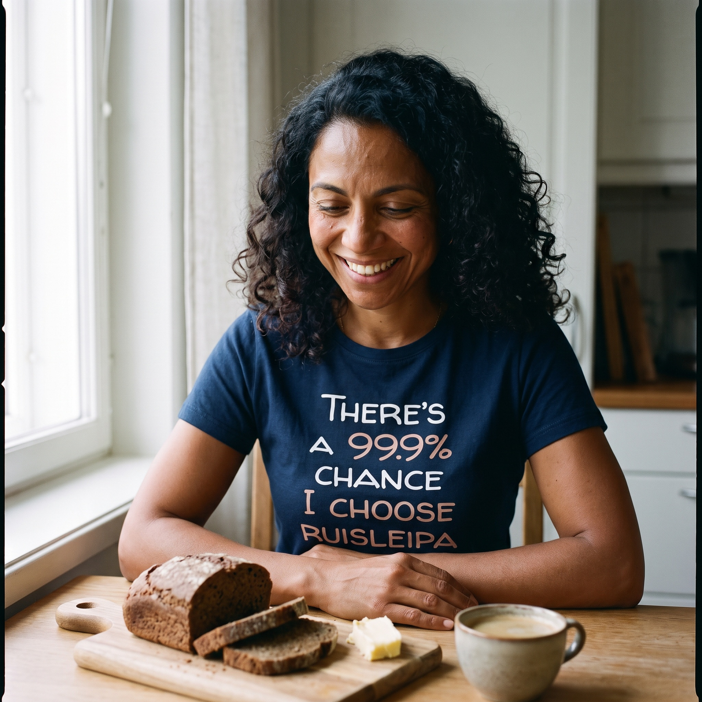 99.9% Chance I Choose Ruisleipa t-shirt in french navy, worn by a woman at a kitchen table, Very Finnish Problems
