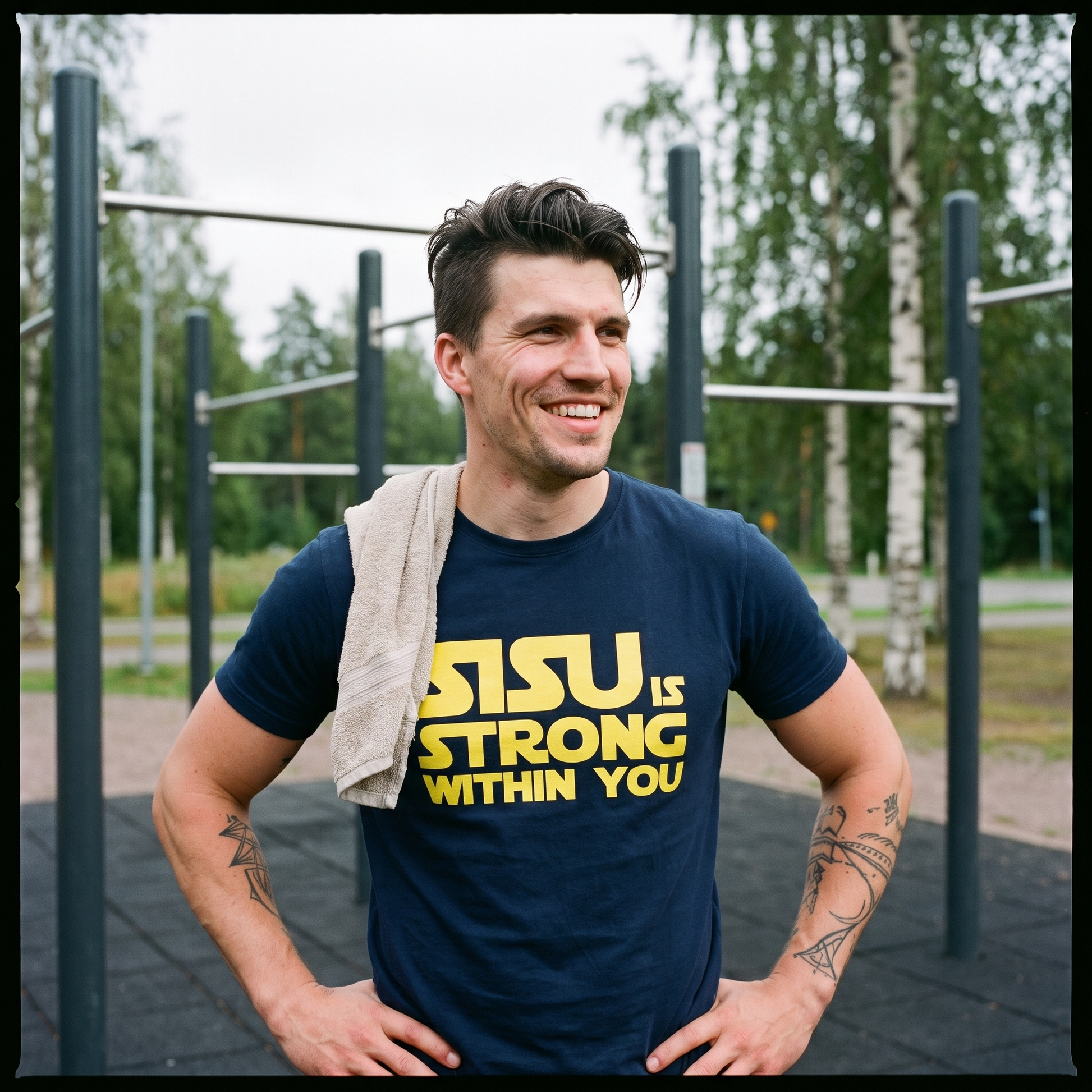 Sisu is Strong organic cotton t-shirt in french navy, worn by a man at an outdoor gym, Very Finnish Problems