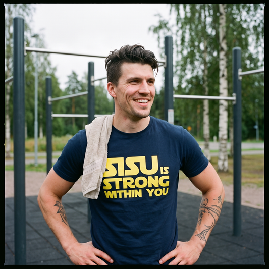 Sisu is Strong organic cotton t-shirt in french navy, worn by a man at an outdoor gym, Very Finnish Problems