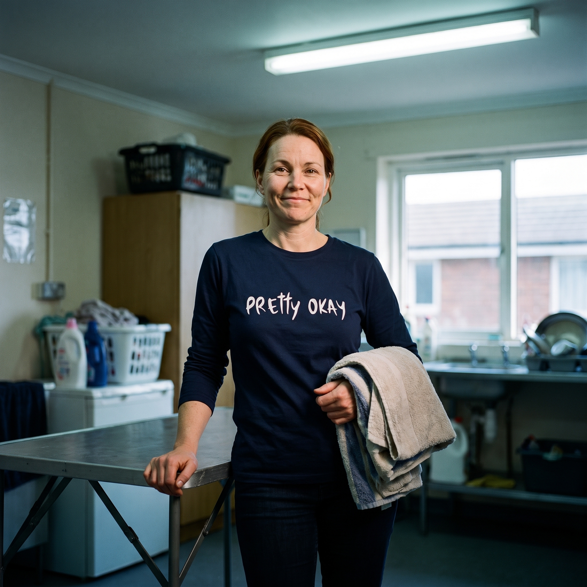 Pretty okay Finnish humour long sleeve tee in navy, worn by Sanna in a laundry room, Very Finnish Problems