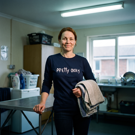 Pretty okay Finnish humour long sleeve tee in navy, worn by Sanna in a laundry room, Very Finnish Problems