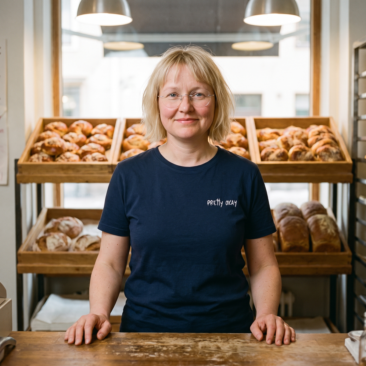 Pretty okay embroidered Finnish humour t-shirt in navy, worn by Marika behind a bakery counter, Very Finnish Problems