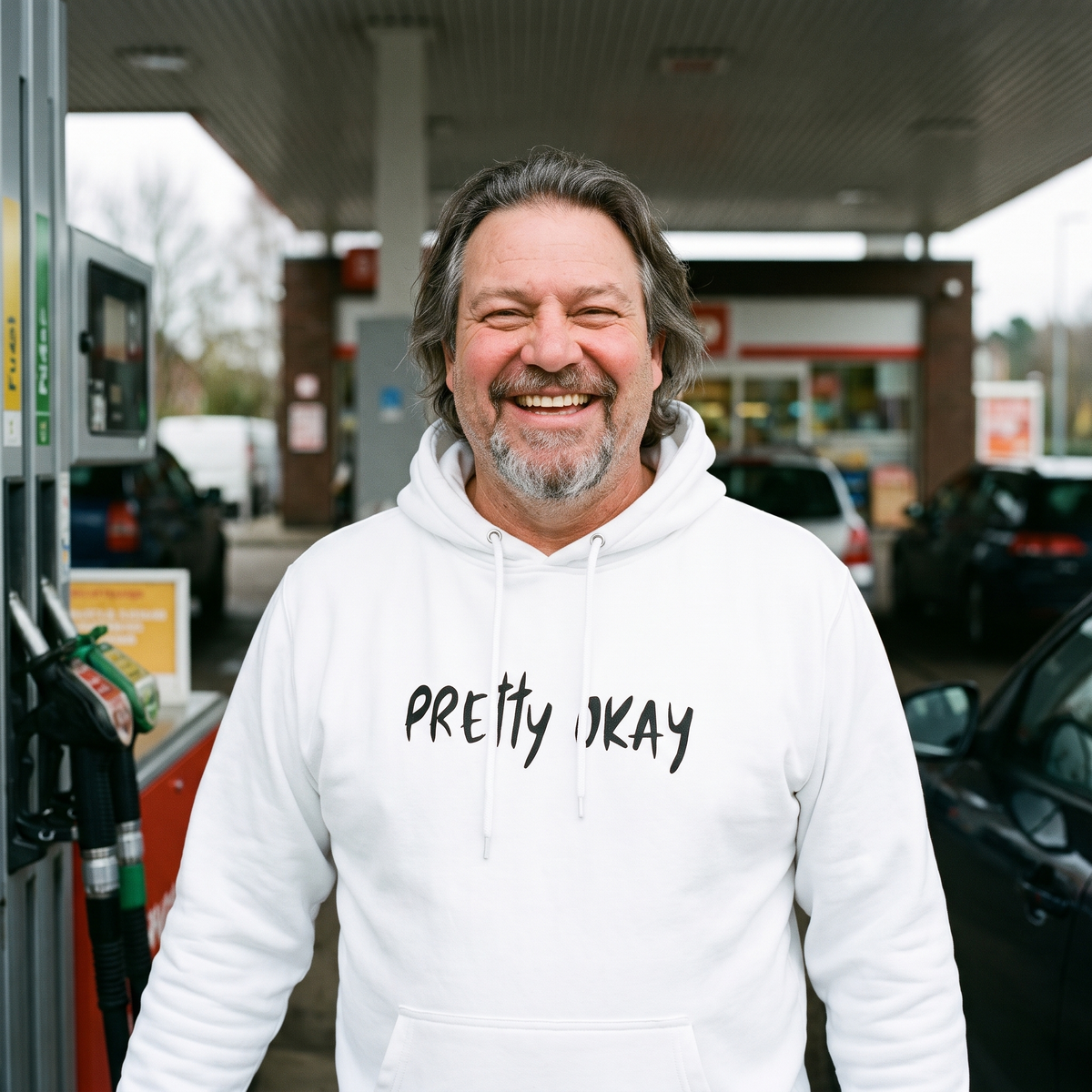 Pretty okay Finnish humour hoodie in white, worn by Jojelli on a petrol station forecourt, Very Finnish Problems