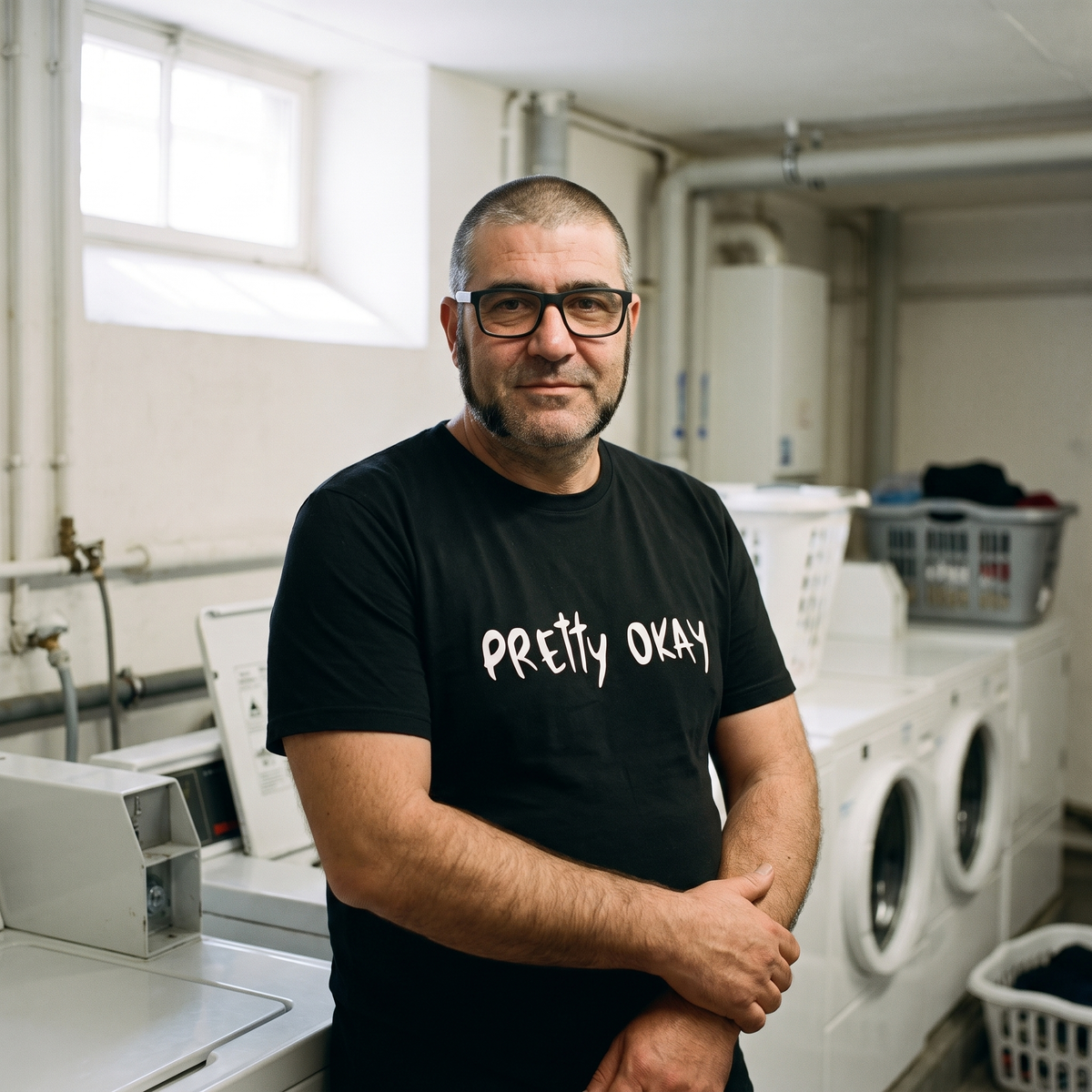 Pretty okay Finnish humour organic cotton t-shirt in black, worn by Jaska in a basement launderette, Very Finnish Problems