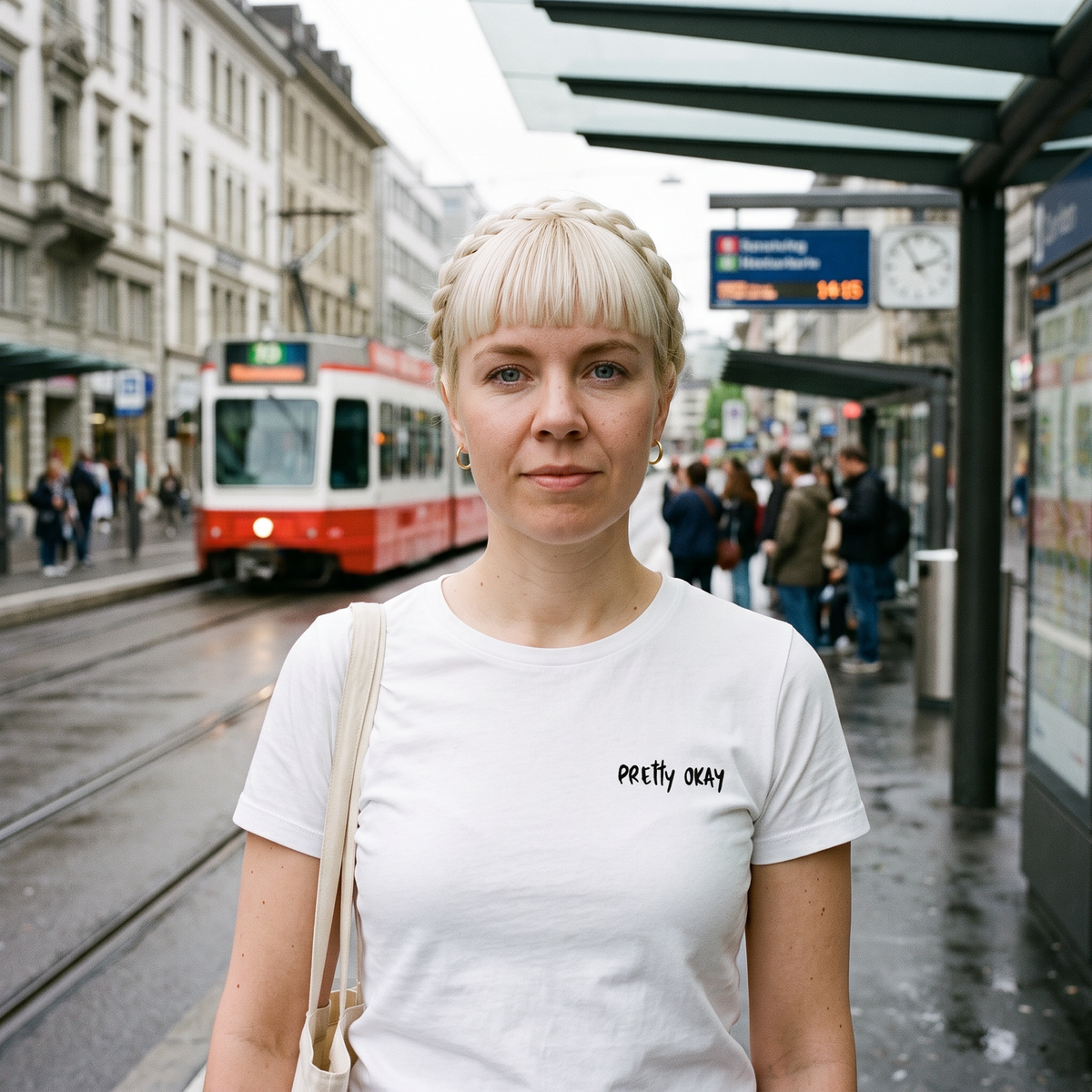 Pretty okay embroidered Finnish humour t-shirt in white, worn by Venla at a tram stop, Very Finnish Problems