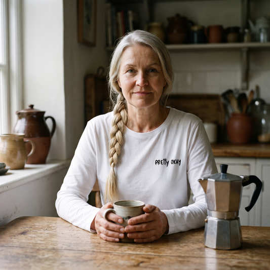 Pretty okay embroidered Finnish long sleeve tee in white, worn by Anneli at a kitchen table, Very Finnish Problems