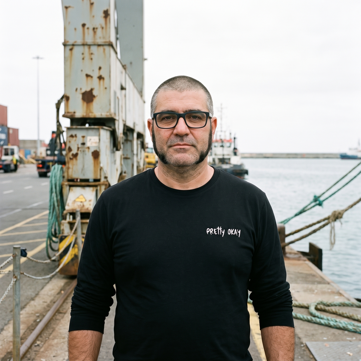 Pretty okay embroidered Finnish long sleeve tee in black, worn by Jaska on a harbour quay, Very Finnish Problems