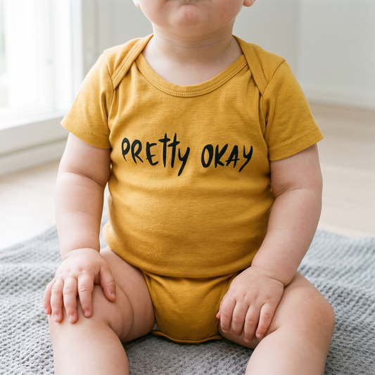 Pretty okay Finnish baby bodysuit in yellow, worn by a seated baby, Very Finnish Problems