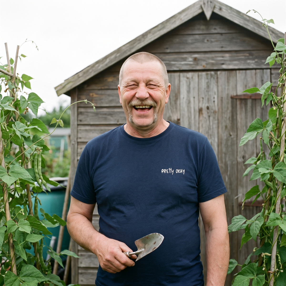 Pretty okay embroidered Finnish organic t-shirt in French navy, worn by Juha outside an allotment shed, Very Finnish Problems