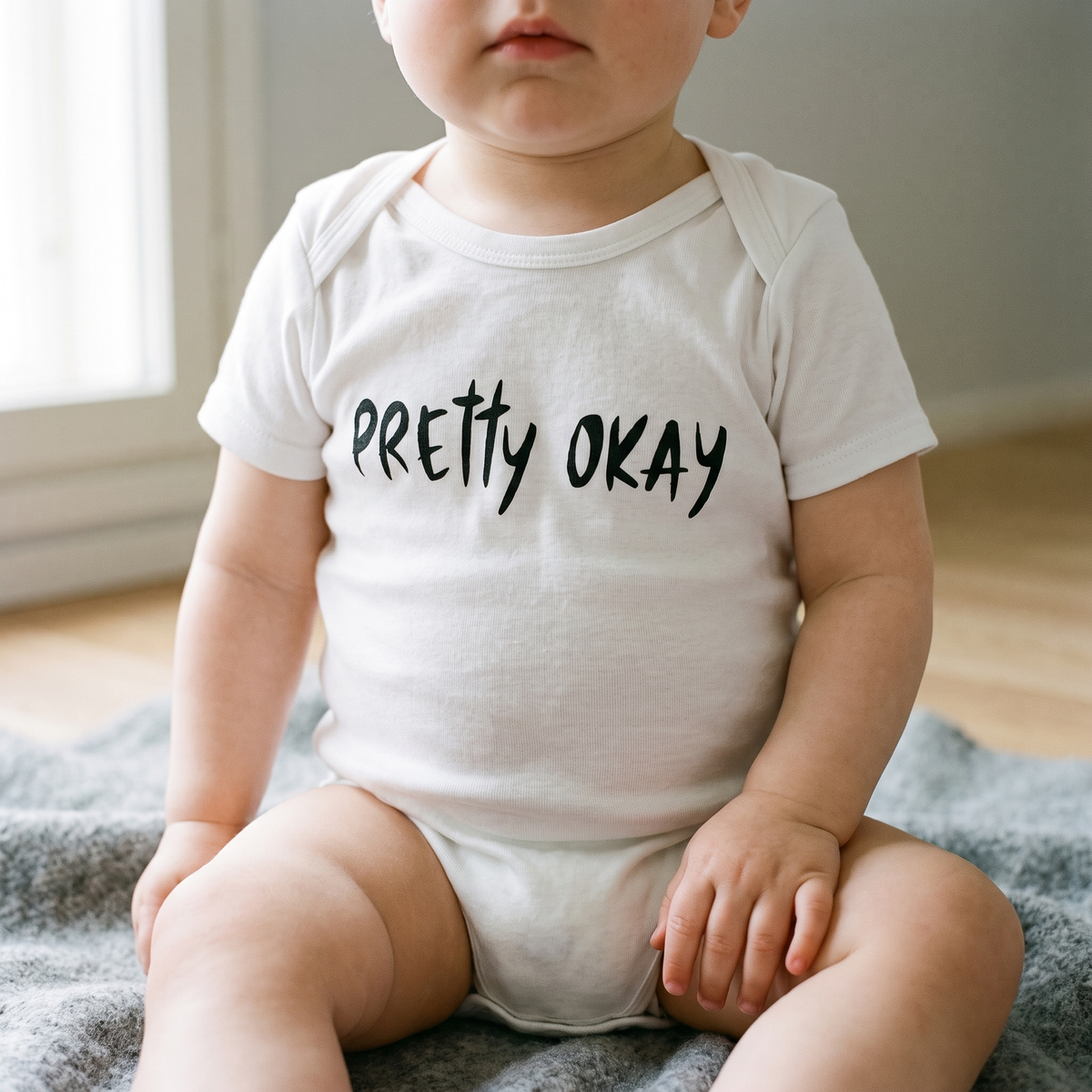 Pretty okay Finnish baby bodysuit in white, worn by a seated baby, Very Finnish Problems