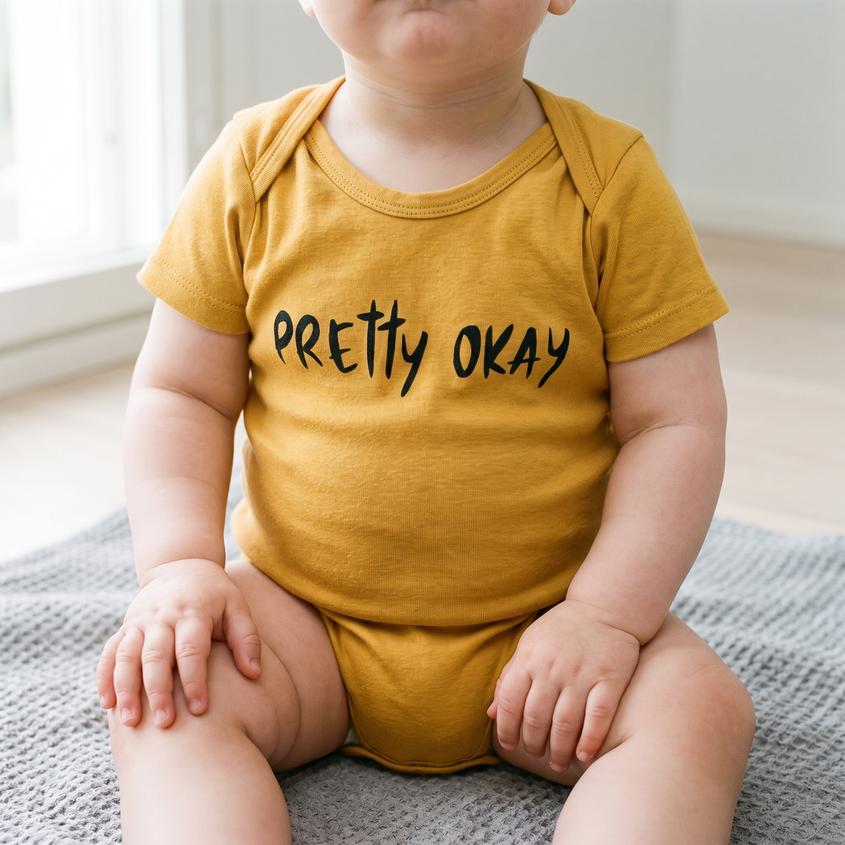 Pretty okay Finnish baby bodysuit in yellow, worn by a seated baby, Very Finnish Problems