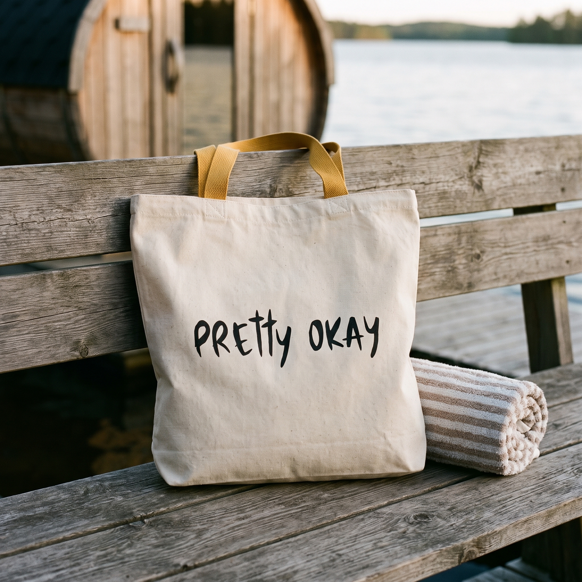Pretty okay Finnish humour tote bag with yellow handles, on a bench by a lake sauna, Very Finnish Problems