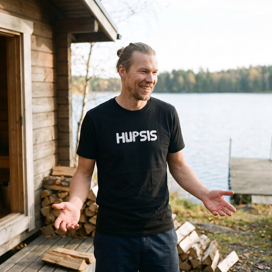 Hupsis Finnish language t-shirt in black, worn by a man shrugging over dropped logs by a sauna, Very Finnish Problems