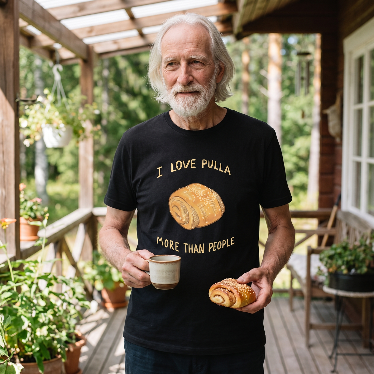 I Love Pulla More Than People t-shirt in black, worn by Pertti with coffee and pulla on a veranda, Very Finnish Problems