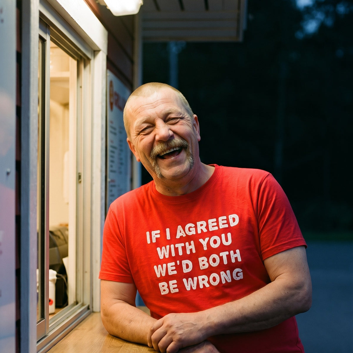 If I agreed with you organic t-shirt in red, worn by Juha laughing at a Finnish grilli kiosk counter, Very Finnish Problems