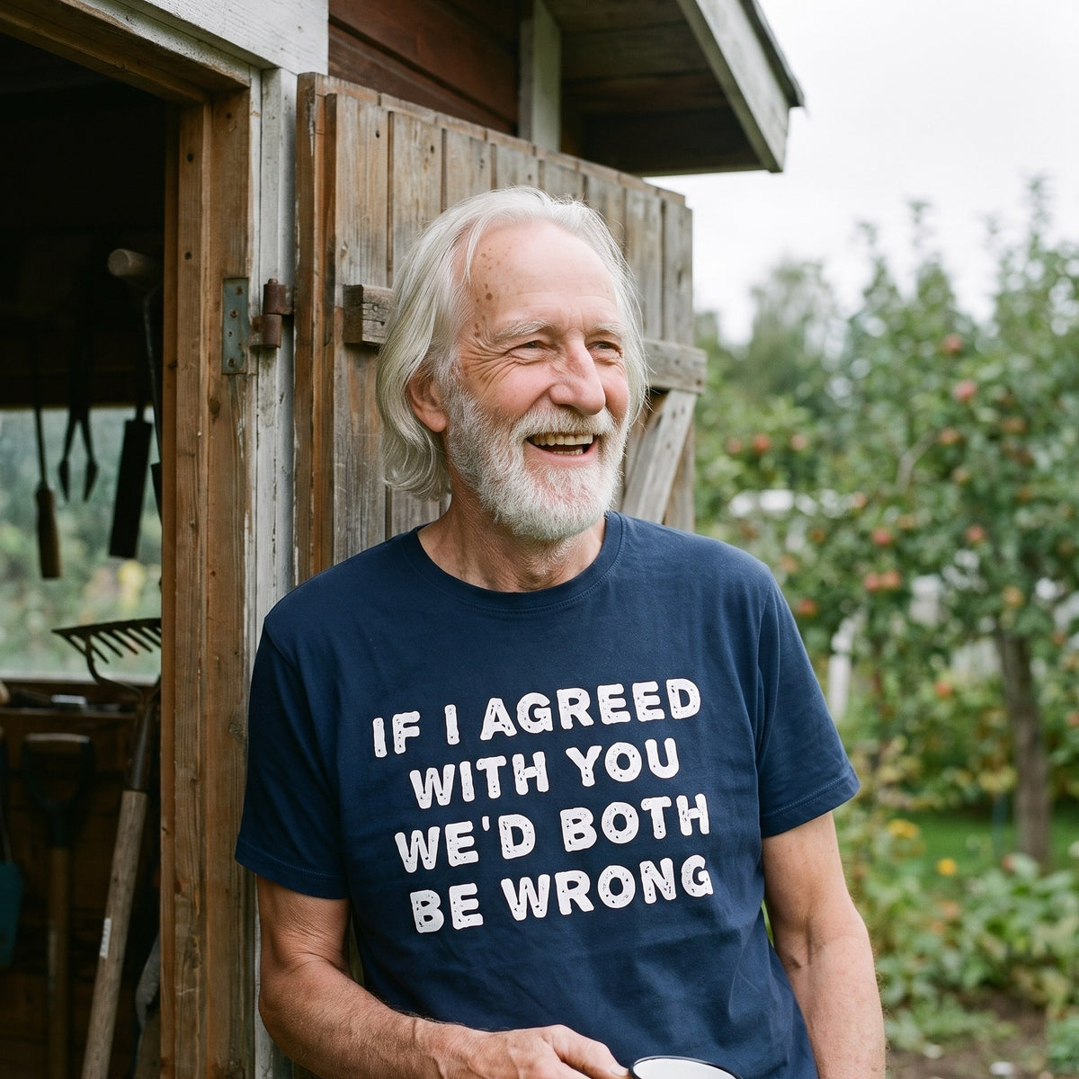 If I agreed with you t-shirt in navy, worn by Pertti in the doorway of his allotment shed, Very Finnish Problems