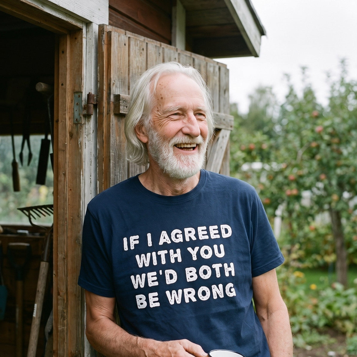 If I agreed with you t-shirt in navy, worn by Pertti in the doorway of his allotment shed, Very Finnish Problems