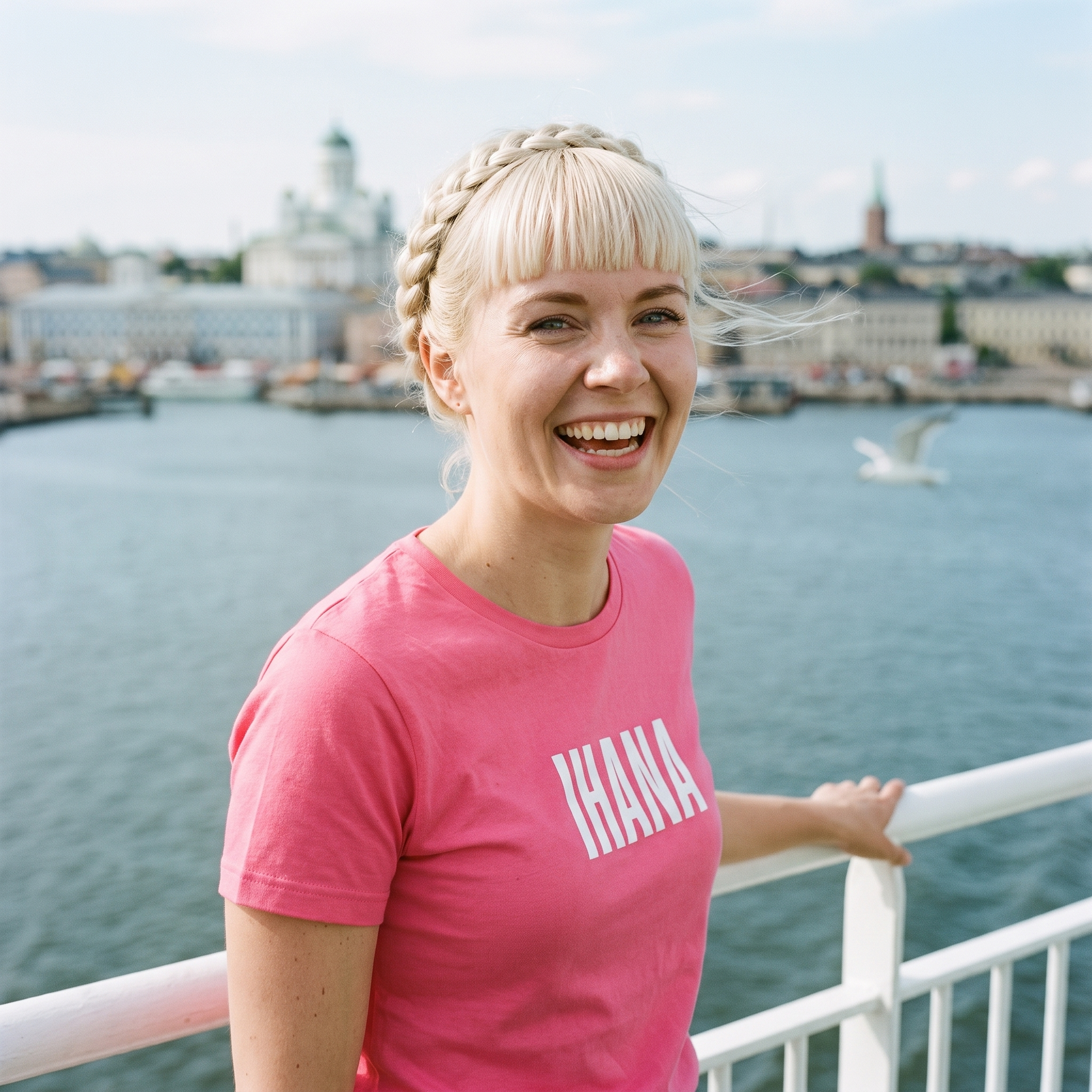 IHANA Finnish t-shirt in charity pink, worn by a woman laughing on the Suomenlinna ferry in Helsinki harbour, Very Finnish Problems