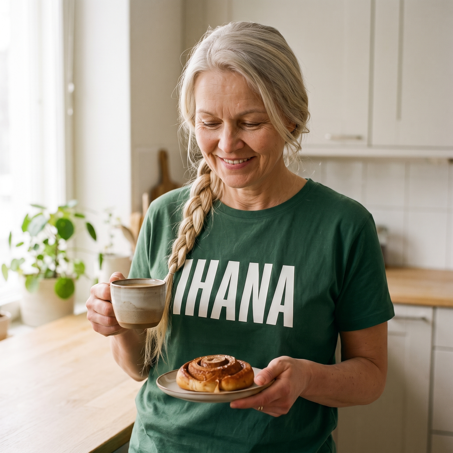 IHANA Finnish t-shirt in forest green, worn by a woman with coffee and a cinnamon bun in a Finnish kitchen, Very Finnish Problems